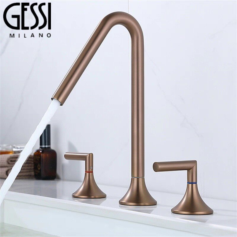 Italian Designer Gessi All-Copper Dual-Hole Hot and Cold Bathroom Countertop Basin Minimalist Faucet Italian Designer Gessi All-Copper Dual-Hole Hot and Cold Bathroom Countertop Basin Minimalist Faucet