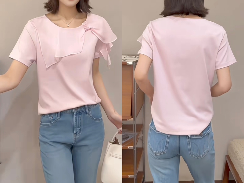 V+.Com European Station 2026 Summer New European Style Round Neck Bow Sweet Style Small Version T-Shirt Trend 29576