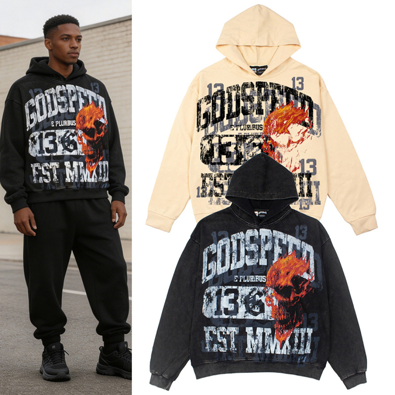American-Style Ss26 Godspeed Flame Skull Retro Print High Street Casual Unisex Loose Washed Sweatshirt Autumn American-Style Ss26 Godspeed Flame Skull Retro Print High Street Casual Unisex Loose Washed Sweatshirt Autumn
