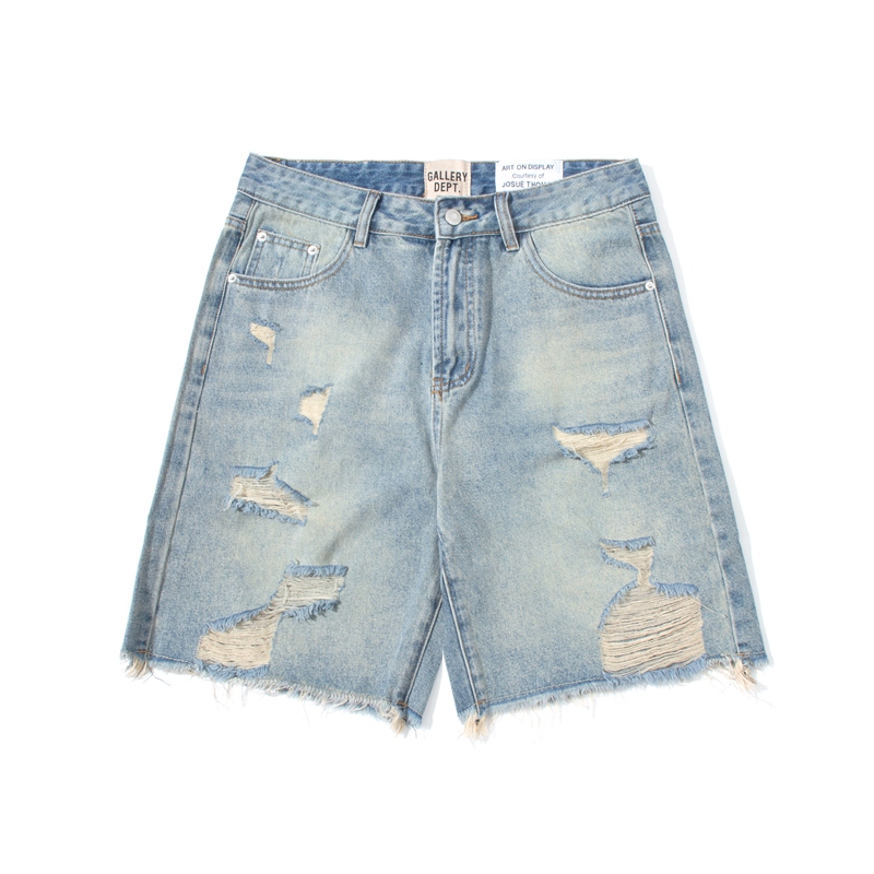Gallery Dept New Ripped Distressed Washed Denim Shorts with Knife-Cut Fringes, Casual Denim Pants for Young People