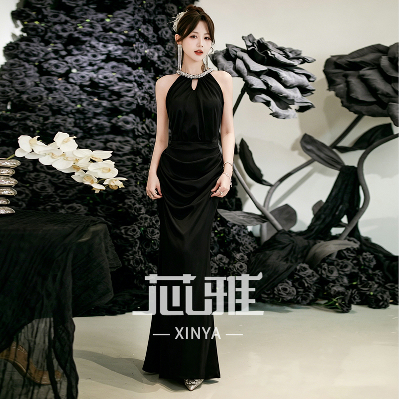 Evening Dress for Women, Black Halter Neck, High-End Light Luxury, Banquet Host, Performance, Art Exam, Coming-Of-Age Ceremony, Fishtail Long Dress, Summer Evening Dress for Women, Black Halter Neck, High-End Light Luxury, Banquet Host, Performance, Art Exam, Coming-Of-Age Ceremony, Fishtail Long Dress, Summer