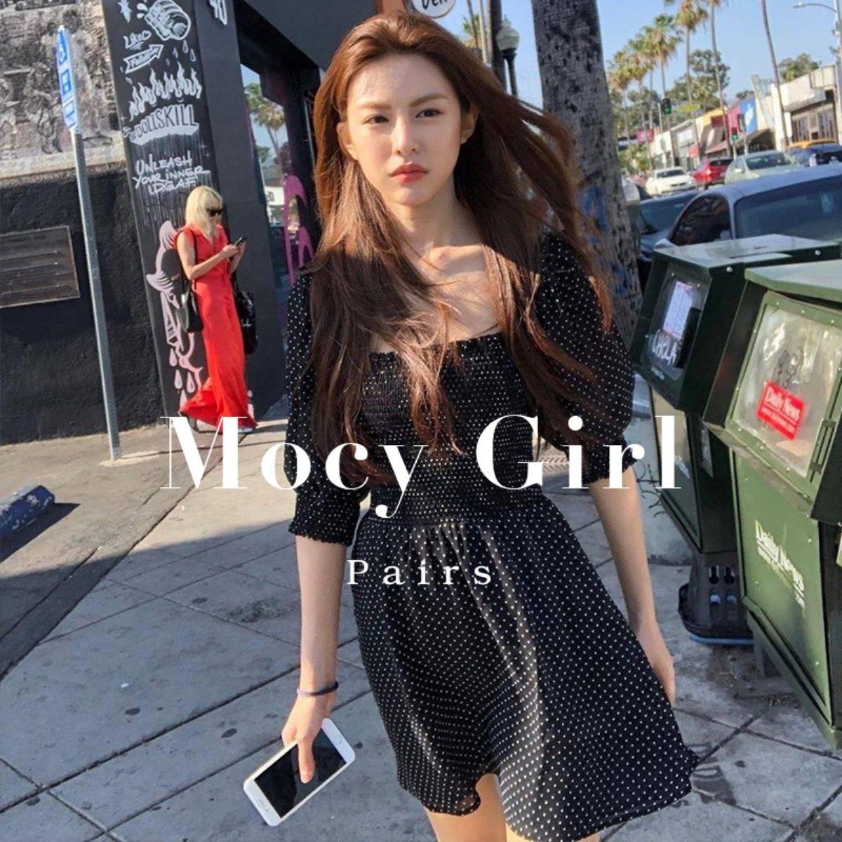 Sandro asw square neck polka dot dress women's 2022 summer new Korean version of the temperament waist thin chiffon skirt