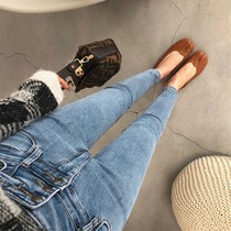 sandro asw high waist nine-minute jeans woman 2022 Fall and Winter Han edition repair slim plus velvet pastry