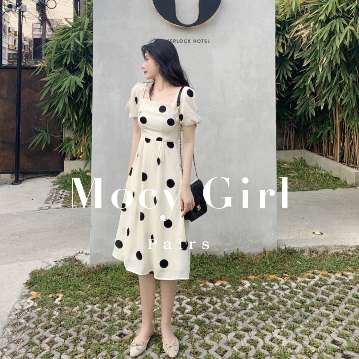 Sandro asw polka dot chiffon dress women's 2022 summer new Korean version gentle square collar Western style waist long skirt