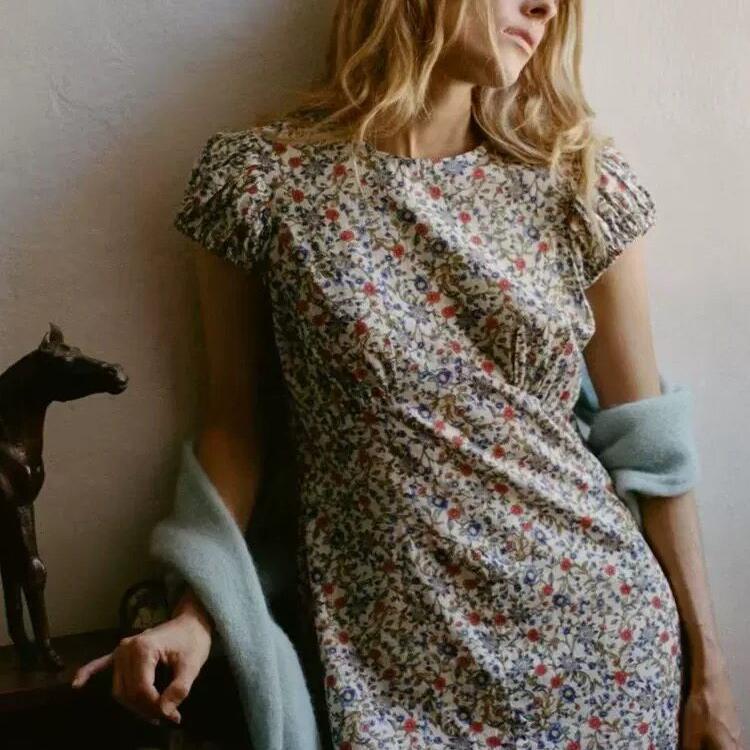 In Stock Doen New Summer Pastoral Style Floral Pure Cotton Slim Fit Round Neck Waist-Cinching Puff Sleeve Long Dress
