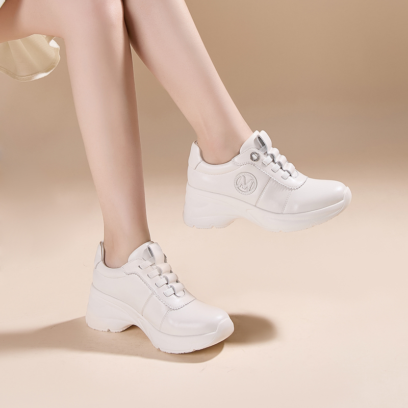 Wedge White Sneakers with Thick Soles for Height Increase, 2026 Spring New Model, Genuine Leather White Slip-On High-Heeled Casual Women's Shoes