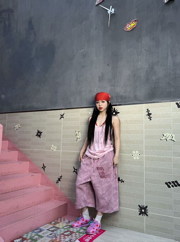 Panmie25 Original Pink Mist Camouflage Capri Pants, Sweet Pants in Low-Saturation Pink, Cool and Versatile for Summer