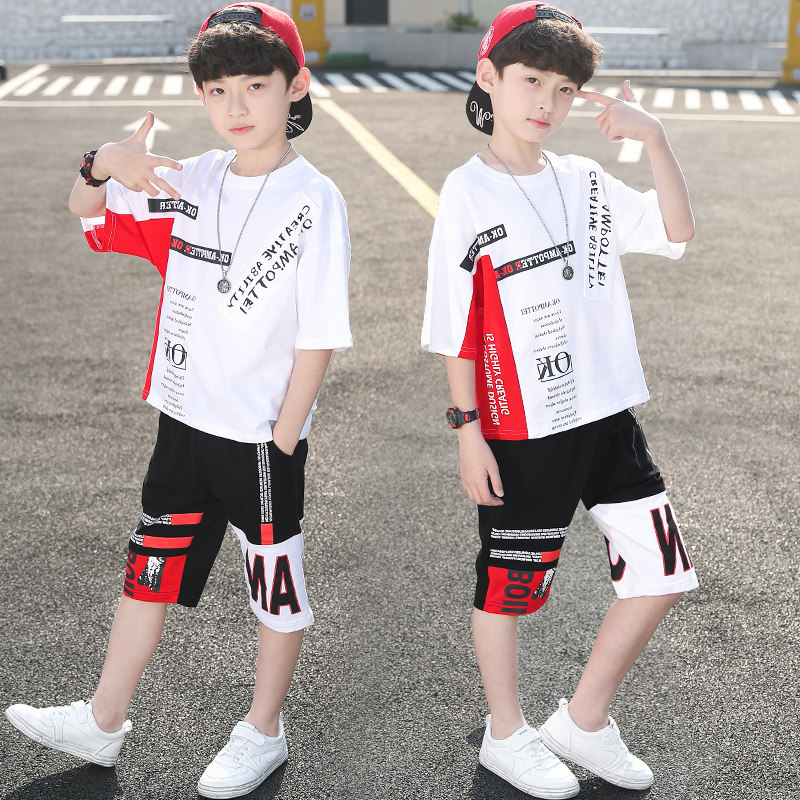 Korean boy summer suit children's short-sleeved T-shirt big boy boy Korean version of the Western style pullover casual two-piece