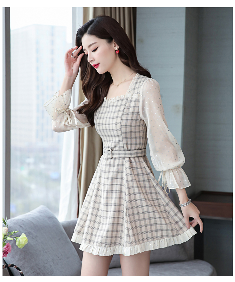 VK旗艦店 韓國風網紗拼接亮片波點格子復古長袖洋裝