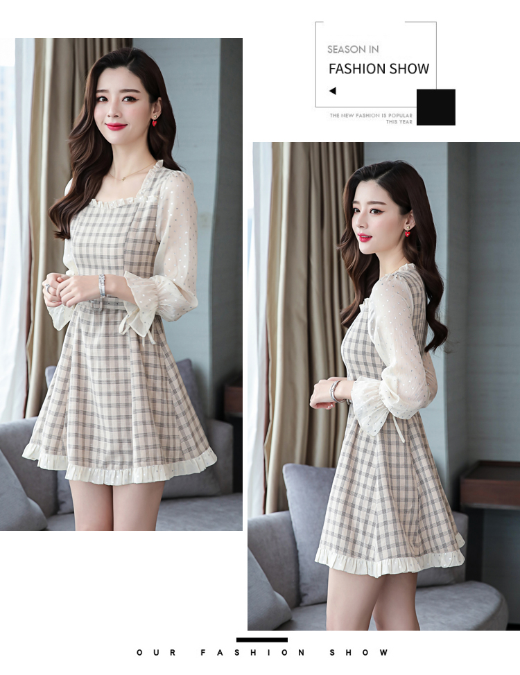 VK旗艦店 韓國風網紗拼接亮片波點格子復古長袖洋裝