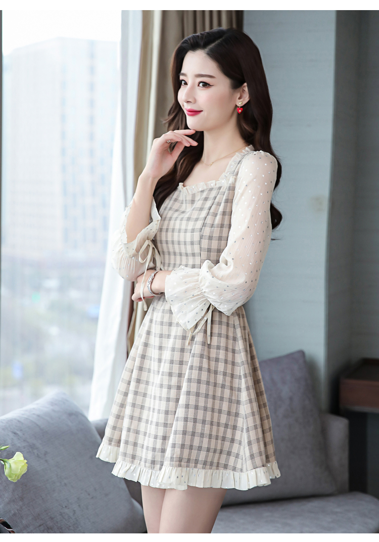 VK旗艦店 韓國風網紗拼接亮片波點格子復古長袖洋裝