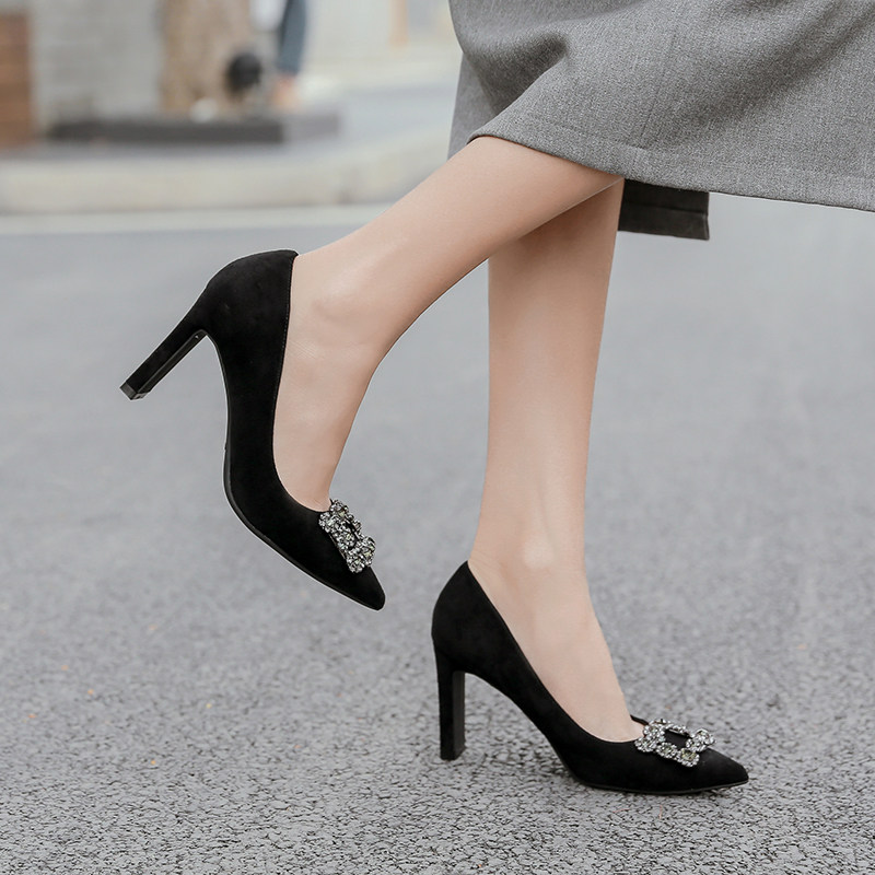 2021 spring and autumn Joker thick-heeled rhinestone single shoes pointed small fresh high heels women silk black professional women's shoes