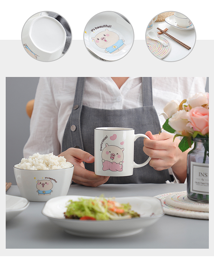 Phim hoạt hình heo dao dễ thương gốm sứ bát cơm bát đĩa cá kết hợp món ăn trẻ em bộ đồ ăn lò vi sóng có sẵn - Đồ ăn tối dĩa ăn