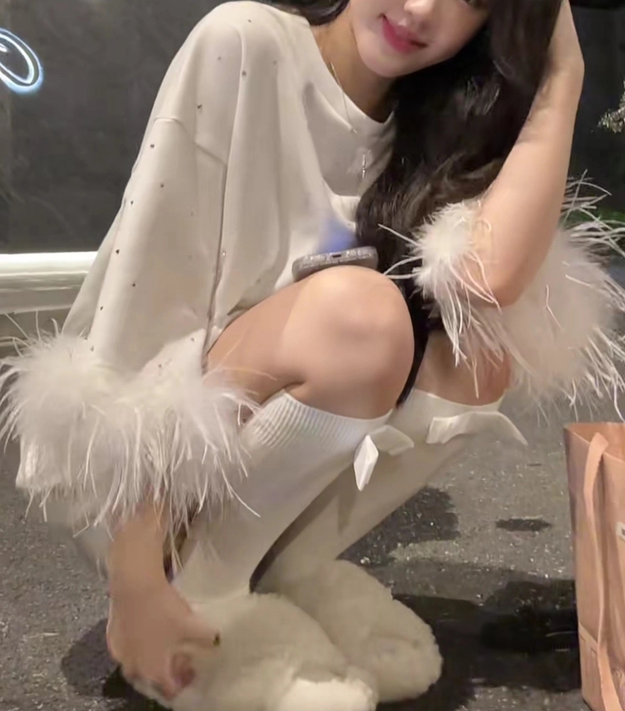 2025 New Style (Real Ostrich Feathers Detachable) Feather Half-Sleeve Women's Summer Pure Cotton New Mid-Length Top