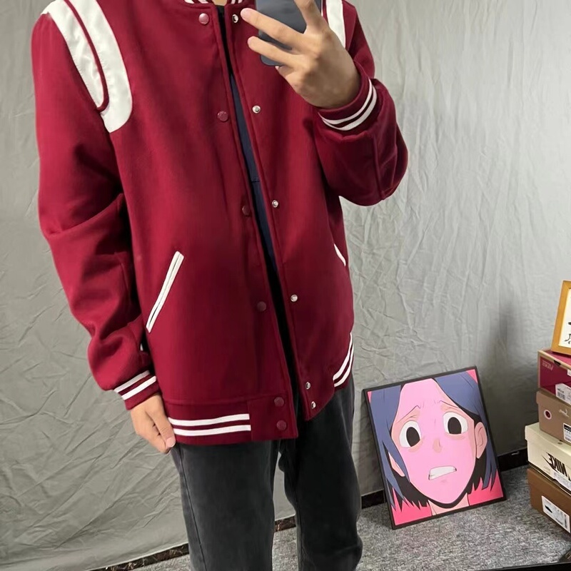 Spring and Autumn Thin Student-Style Burgundy Baseball Jacket for Men, Trendy Niche Flight Jacket, Casual Loose-Fitting Couple's Coat Spring and Autumn Thin Student-Style Burgundy Baseball Jacket for Men, Trendy Niche Flight Jacket, Casual Loose-Fitting Couple's Coat