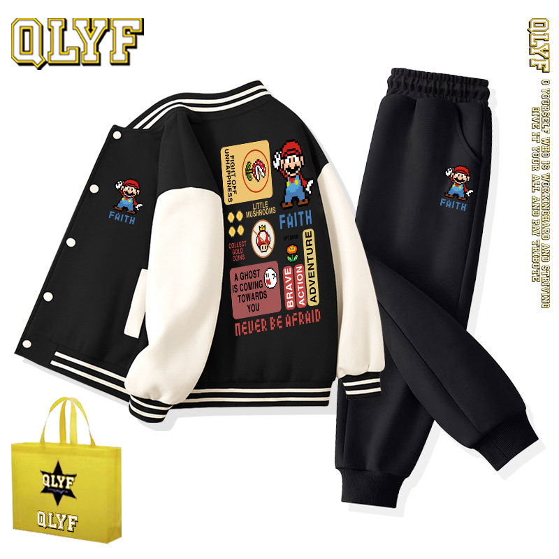 Детская бейсбольная форма QLYF Super Mary, спортивные штаны, осенне-зимний костюм, новинка 2025 года, бархатный костюм-двойка для больших детей плюс размер Изображение 1