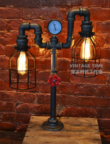 Industrial Old Black Iron Steam Pressure Gauge Valve Retro Water Pipe Dimming Table Lamp Retro Edison Iron Cage Lamp