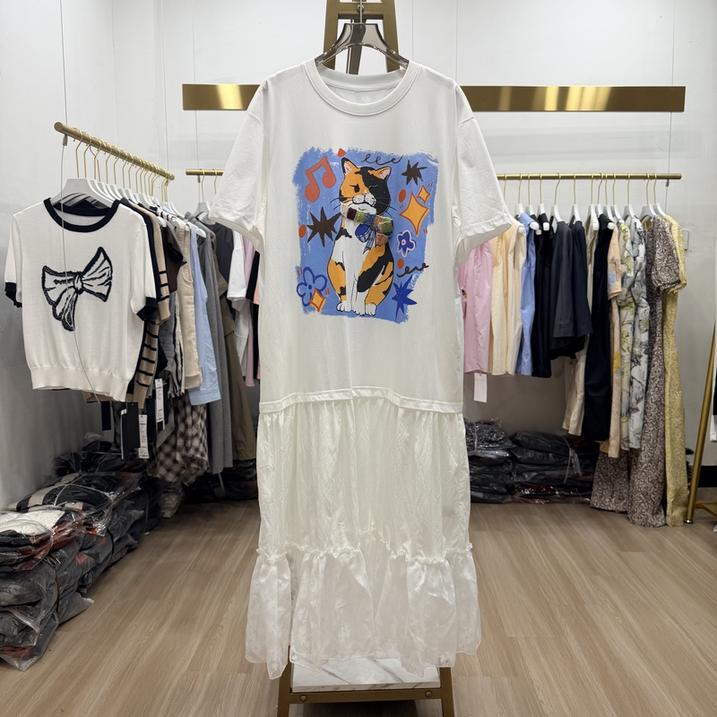 Real Shot of High-End Women's Clothing: Faux Two-Piece Dress, Summer Style, Cat Print, Round Neck, Short-Sleeved, Loose T-Shirt Dress for Women