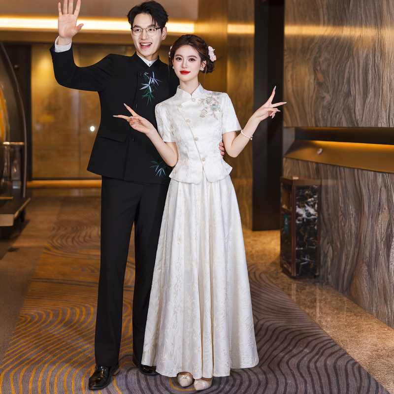 New Chinese-Style Champagne Toast Dress 2026 New Bride Engagement Wedding Dress Light Luxury High-End Women's Short-Sleeved Summer Dress
