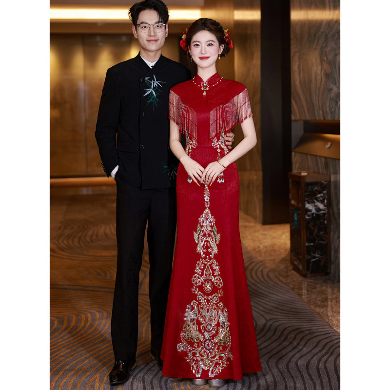 New Chinese-Style Toast Dress for Bride 2026 New Fishtail Red Wedding Dress for Women Engagement Wedding Cheongsam with a Sense of Sophistication