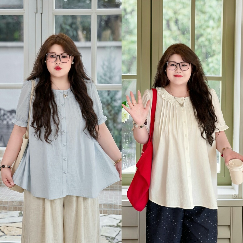 Fat Xiaoxiao Plus-Size Women's Clothing, Fat mm Summer Loose-Fitting Slimming Sweet Temperament Simple Short-Sleeved Babydoll Shirt 17653X