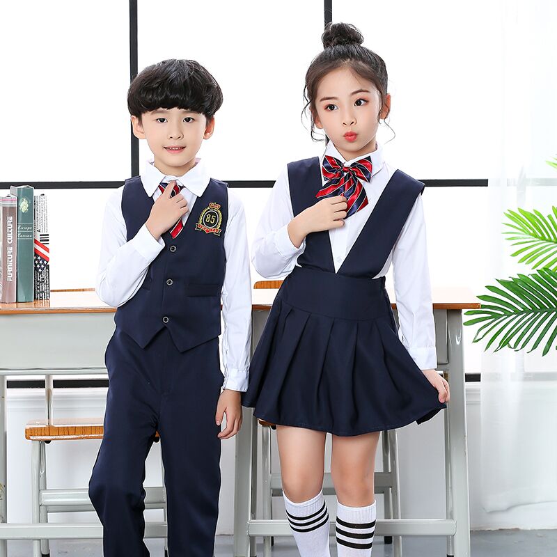 Mới học sinh tiểu học và trung học hợp xướng trang phục thơ đọc đồng phục học sinh mùa thu và mùa đông trang phục trẻ em biểu diễn quần áo yếm áo len bé gái
