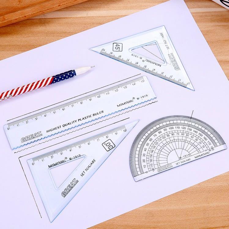 Triangle ruler creative simple student stationery set ruler 15cm transparent protractor drawing and painting 4-piece set