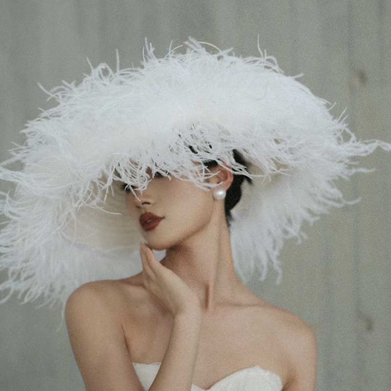 Street Style Retro Elegant Luxury Ostrich Hat Fur Hat Bride White Feather Hat Noble Lady Hat