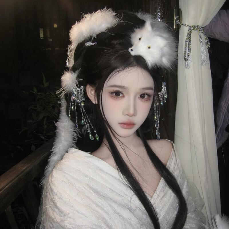 New Daji-Style Ancient Headdress Props, Fox Ears, Hanfu, Painted Skin White Fox Headband, Tassel Xiaowei Hair Accessories
