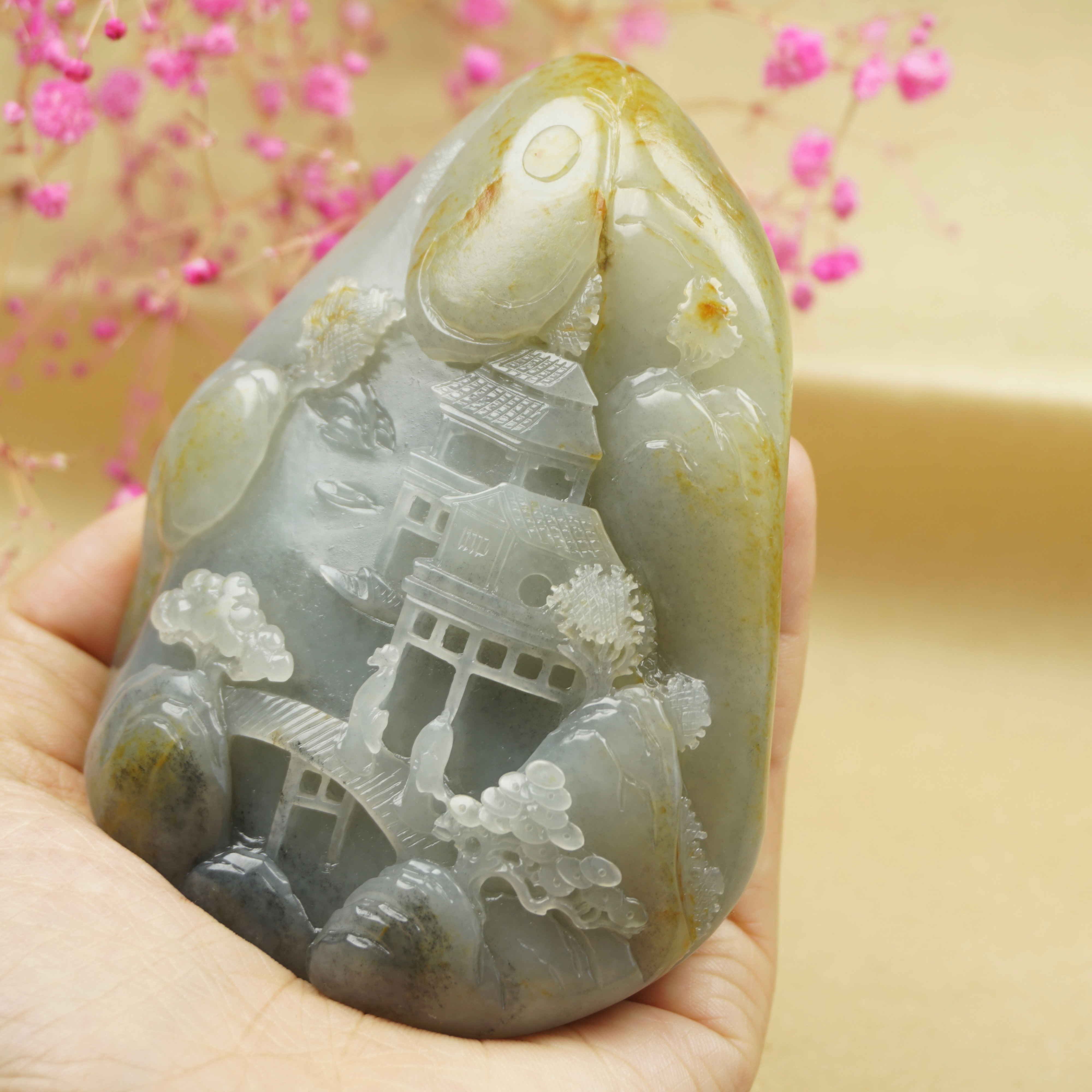 和田玉籽料独籽原石水墨青花玉满皮意境山水文房用品小摆件362克