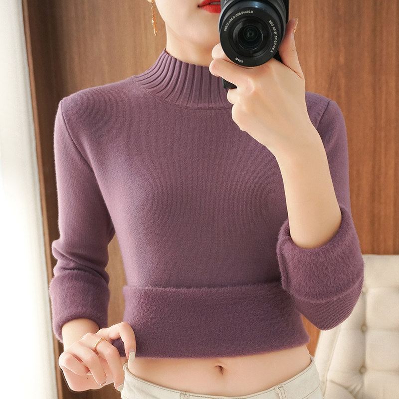 Autumn and winter new integrated suede thickened warm sweater woman half high collar sleeve head plus suede knit bottom blouses goat sweatshirt