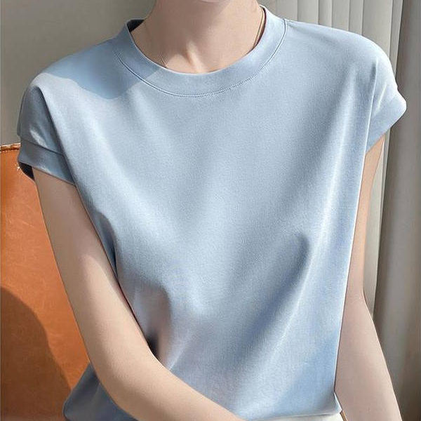 Summer Sleeveless Mercerized Cotton Round Neck T-Shirt for Women, Outerwear, Cut-Out Sleeves, Pure Cotton, White Inner Layer, Tank Top, Base Layer, Outerwear Top