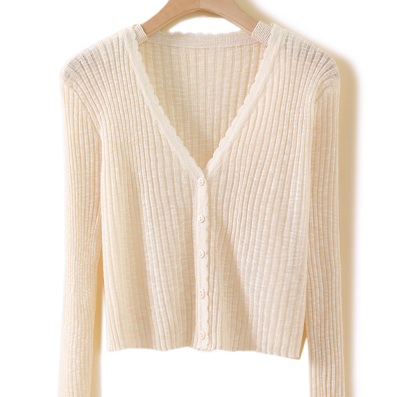 Summer Thin Short V-Neck Ice Silk Knit Cardigan Paired with a Slip Dress, Worn as a Shawl Dress, Cover-Up, or Sun Protection Shirt