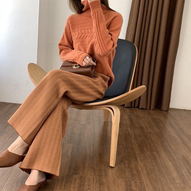 High waist cashmere wide-leg pants women's autumn and winter herringbone straight-leg pants loose thick knitted trousers outerwear wool pants