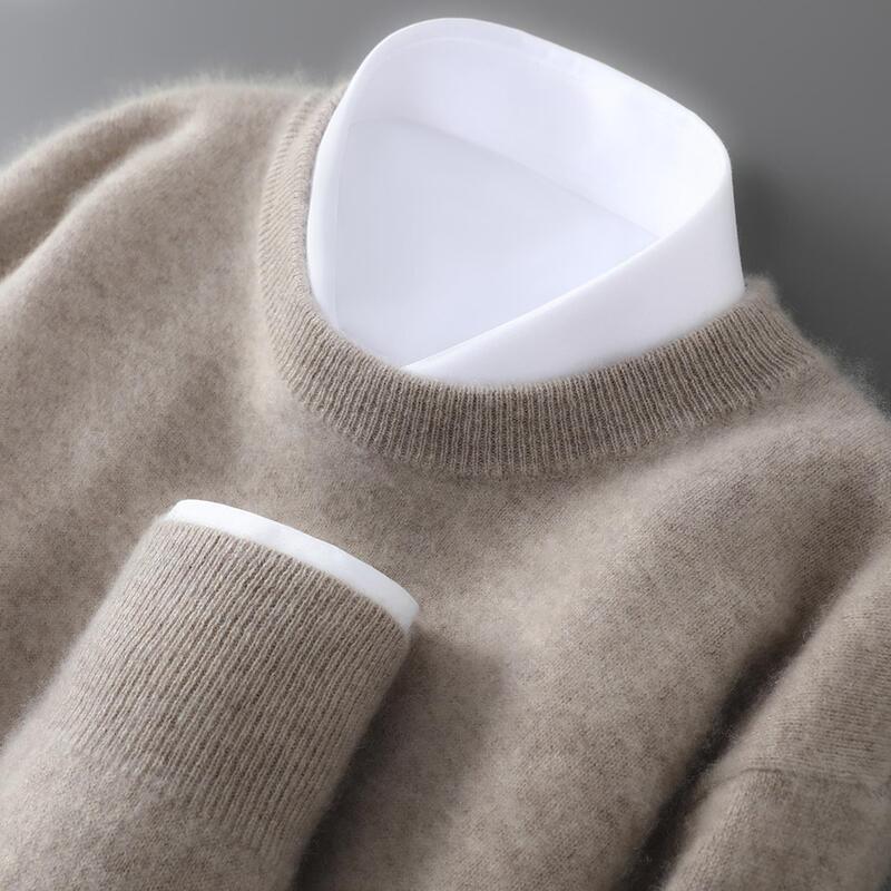 New Autumn and Winter Wool Sweater for Men, 100% Pure Wool, Round Neck Pullover, Loose Large Size Knitted Base Layer Cashmere Sweater