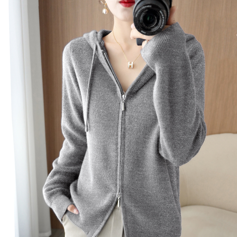 Sweater Jacket Women's Cardigan Spring and Autumn Loose Long-Sleeved Wool Hooded Knitwear Women's Sweatshirt with Hood Double Zipper Top