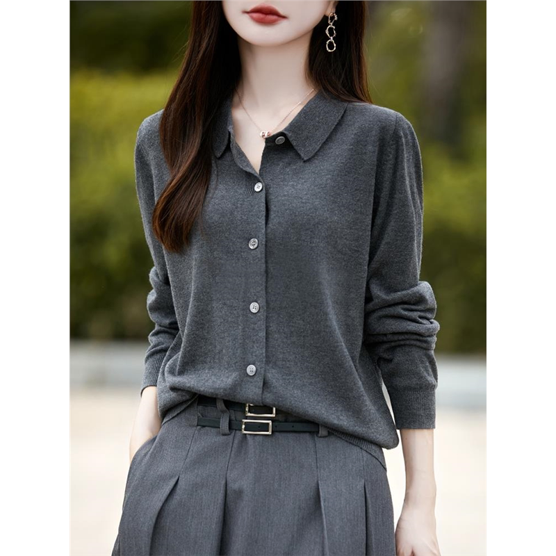 French-Style Polo Collar Knitted Cardigan for Women, Long-Sleeved Turn-Down Collar Shirt, Color-Blocked Base Layer Top, 2026 New Fine-Spun Sweater