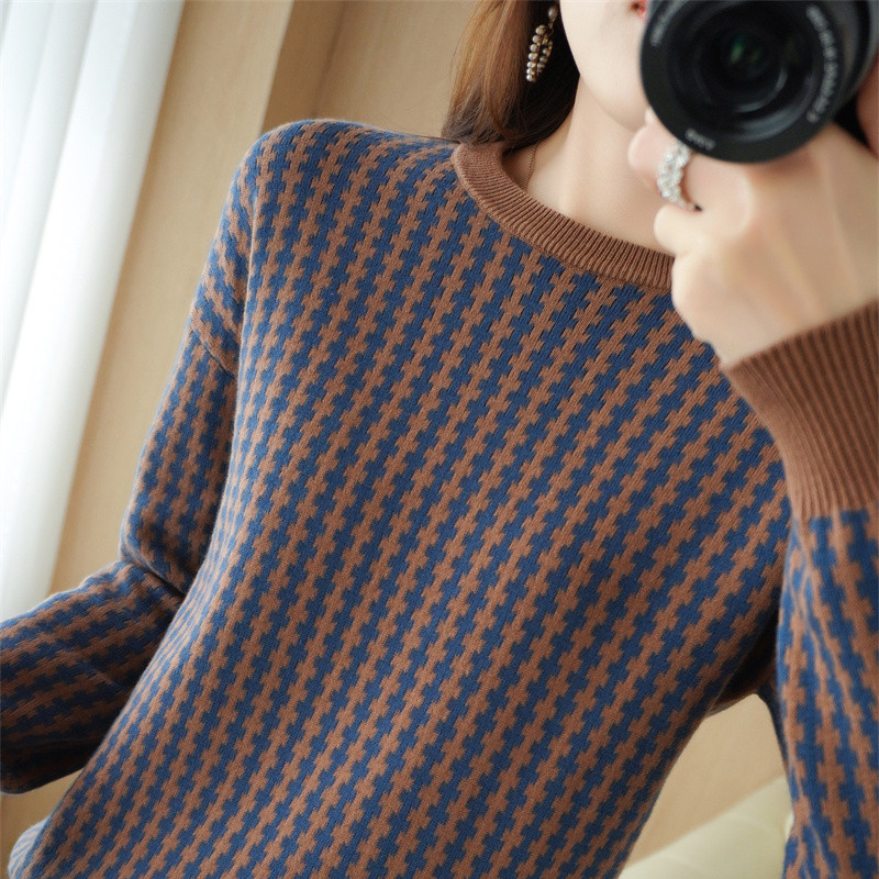 100% Pure Cotton Jacquard Sweater for Women, Vintage Commuter Cashmere Sweater, Loose Round Neck, Autumn Long-Sleeve Knitwear, Thickened
