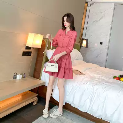 2021 new women's early autumn dress French retro slim temperament waist gentle seven-sleeved shirt dress