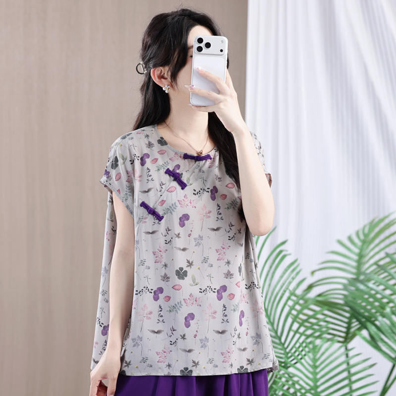 Summer New Style New Chinese-Style Cotton Silk Printed Short-Sleeved Shirt for Women, Summer Diagonal Placket Button Loose Slimming T-Shirt Top Summer New Style New Chinese-Style Cotton Silk Printed Short-Sleeved Shirt for Women, Summer Diagonal Placket Button Loose Slimming T-Shirt Top