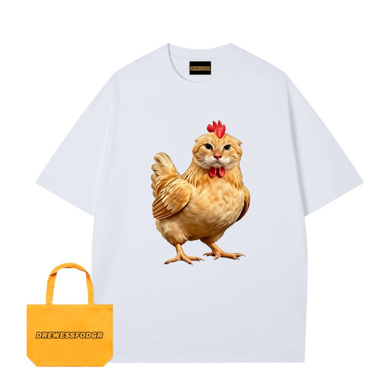 Drewessfodgr American-Style Fun and Quirky Hen and Cat Print Short-Sleeved T-Shirt for Men and Women Loose Cotton Top