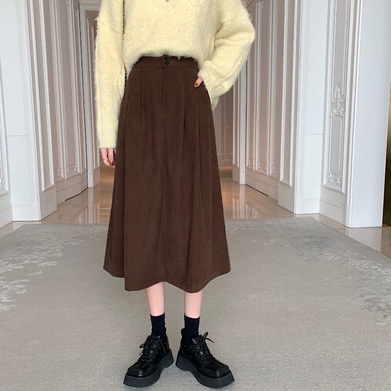 2021 autumn and winter new retro high waist corduroy skirt women's large size fat mm slim a-line skirt mid-length