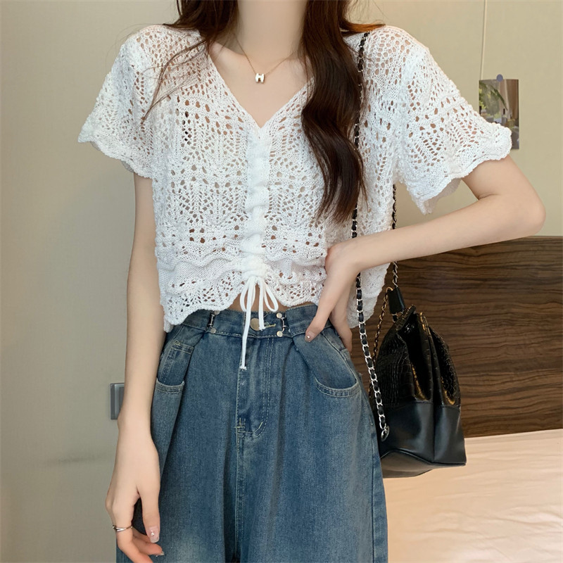 暖朵毛衣 镂空钩宽松抽绳毛衣上衣 Warm Blossom Sweater – Loose Drawstring Crochet Knit Top main image 1