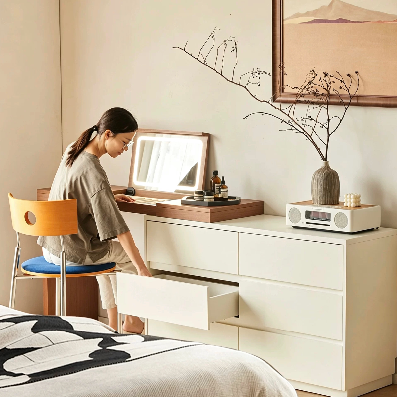 Vintage Cream-Style Flip-Top Dressing Table with Mirror and Storage Cabinet, Integrated Lacquered Solid Wood Bedside Cabinet, Makeup Table Cabinet Vintage Cream-Style Flip-Top Dressing Table with Mirror and Storage Cabinet, Integrated Lacquered Solid Wood Bedside Cabinet, Makeup Table Cabinet