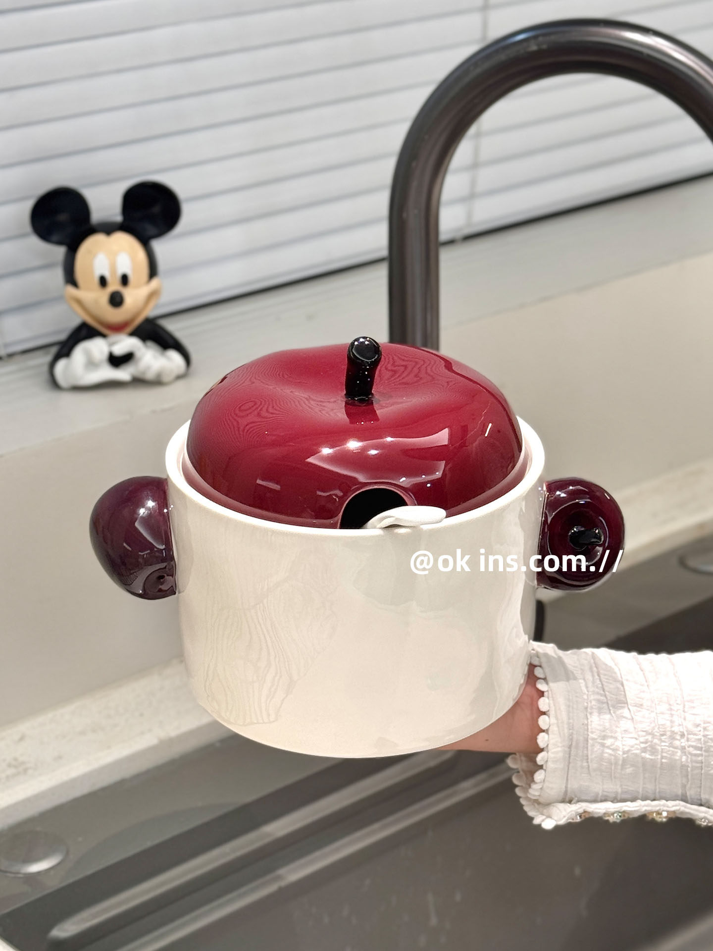 Apple Ceramic Lard Jar with Lid and Spoon for Home Kitchen, Red Oil Jar, Oil and Chili Seasoning Storage Jar