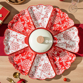 Festive Platter, Household Ceramic Dish, High-Value Wedding Gift, Housewarming Bowl and Plate Set, New Year Red Tableware