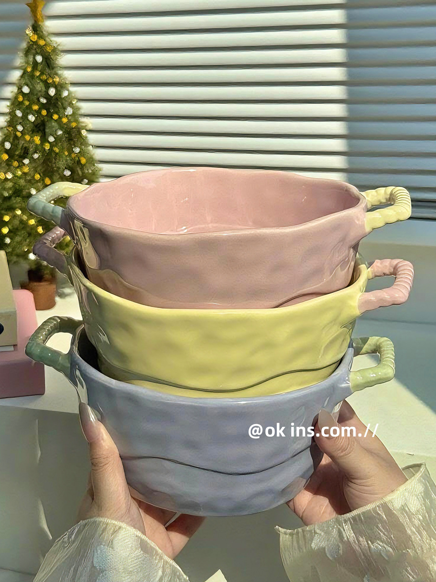 Cute Girly Double-Eared Ceramic Soup Bowl 2025 New High-Value Instant Noodle Bowl, Snail Noodle Bowl, Fruit Salad Bowl