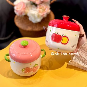 Strawberry Double-Lid Stew Pot, Household Ceramic Water-Sealed Stew Pot, Small Soup Pot, Simmering Pot, Clay Pot for One Person, Bird's Nest Pot, Roasted Pear Pot