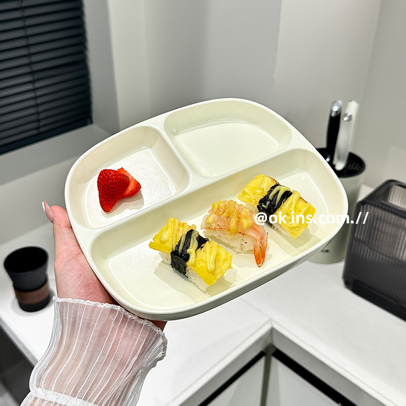 ins Feng Ceramic Divided Plate 211, Fat-Reducing Single-Serving Children's Dinner Plate, Three-Compartment Plate, Fruit Plate, Dessert Plate for Home Use