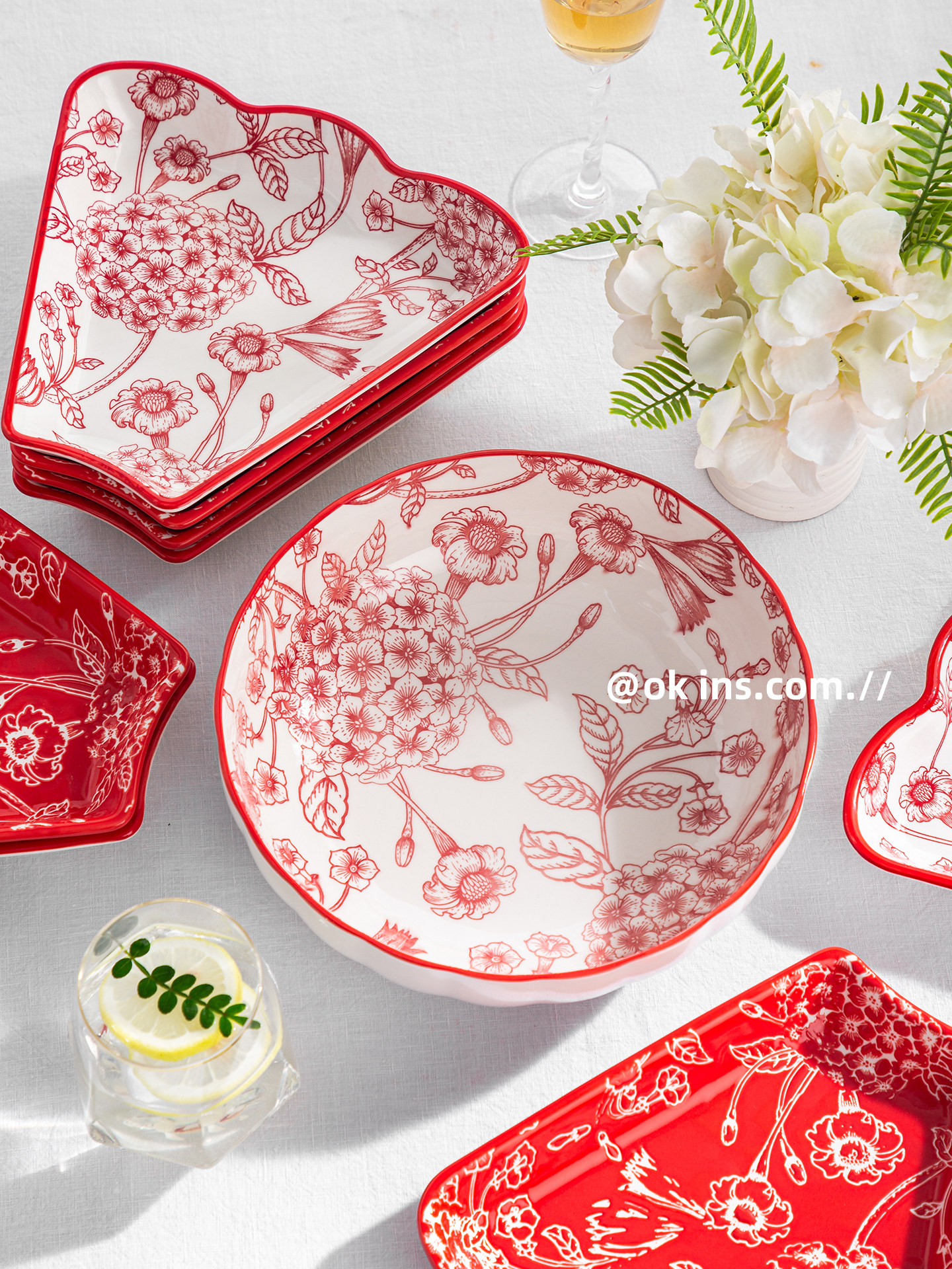 Festive Platter, Household Ceramic Dish, High-Value Wedding Gift, Housewarming Bowl and Plate Set, New Year Red Tableware
